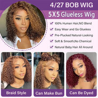 427 Highlight Bob Wig Human Hair Glueless Deep Wave Frontal Wig 5X5 Hd Lace Closure Wig Brazilian Hair Short Bob Wig 250 Density Sweet T 52