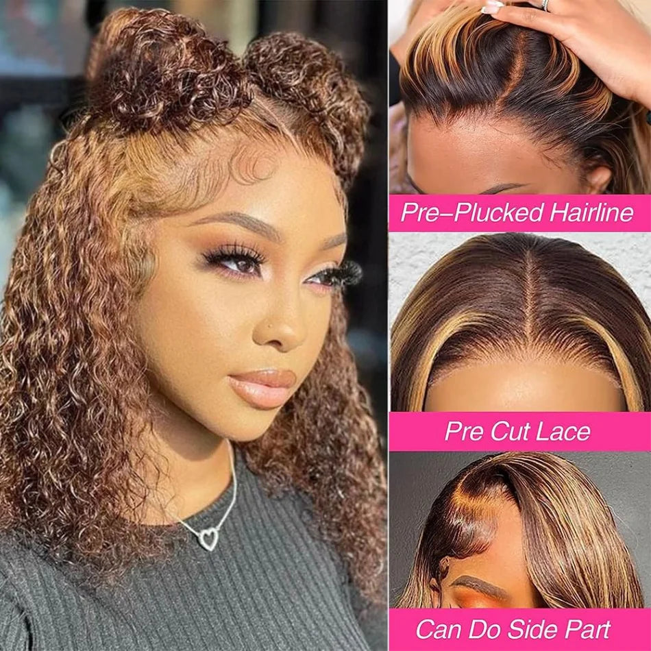 427 Highlight Bob Wig Human Hair Glueless Deep Wave Frontal Wig 5X5 Hd Lace Closure Wig Brazilian Hair Short Bob Wig 250 Density Sweet T 52