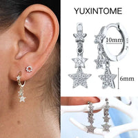 925 Silver Needle Star Hoop Earrings for Women - Five-pointed Star and Moon Pendant Huggie Earrings