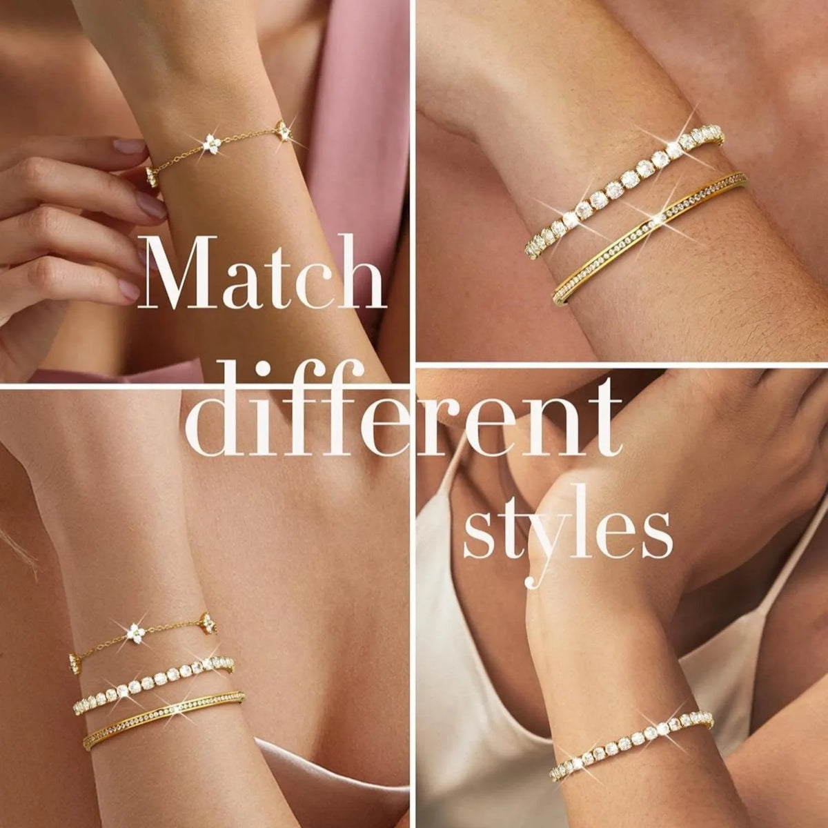3PC Stackable Bracelet Set for Women - Adjustable 14K Gold-Plated & Silver Stainless Steel Tennis Bracelets