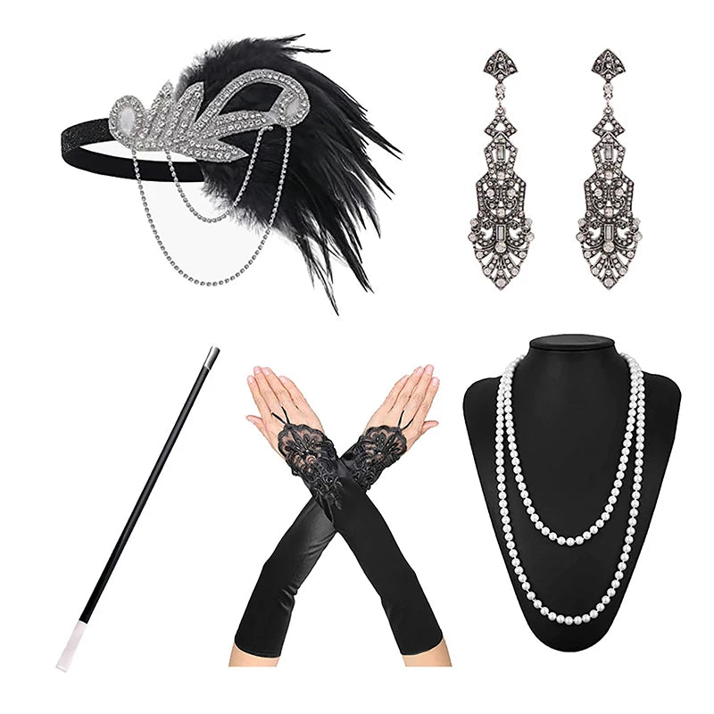 1set 1920's Cosplay Flapper Halloween Charleston Costume 1920s Gatsby Accessories Black Headpiece Great Gatsby Feather Headband Sweet T 52