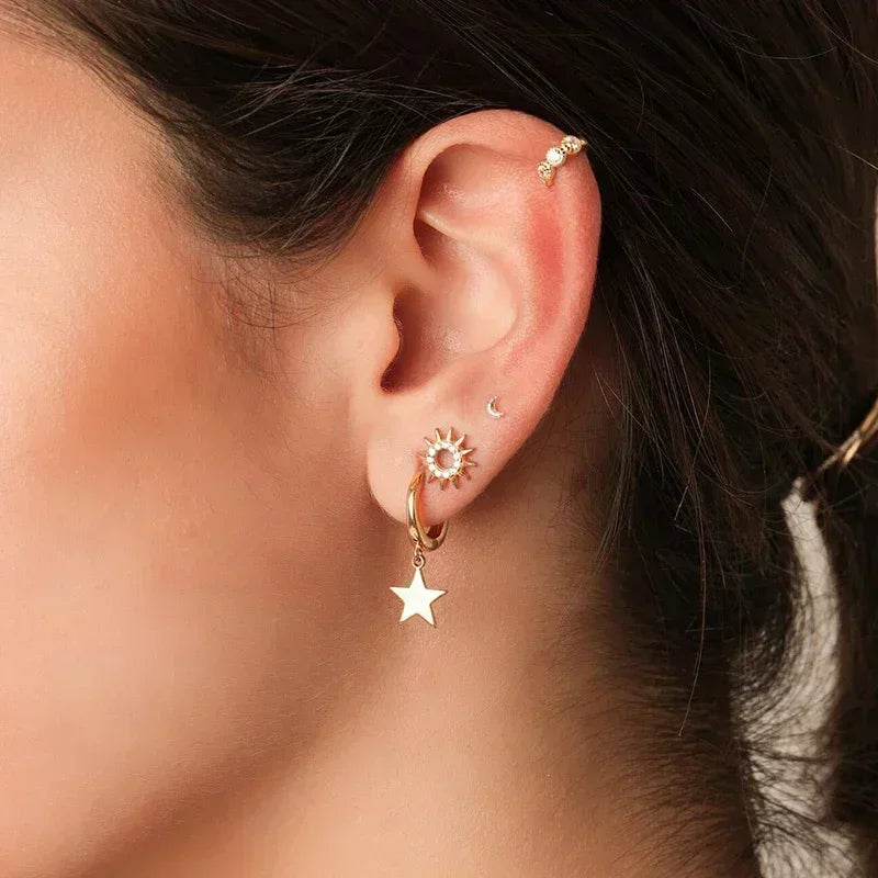 925 Silver Needle Star Hoop Earrings for Women - Five-pointed Star and Moon Pendant Huggie Earrings