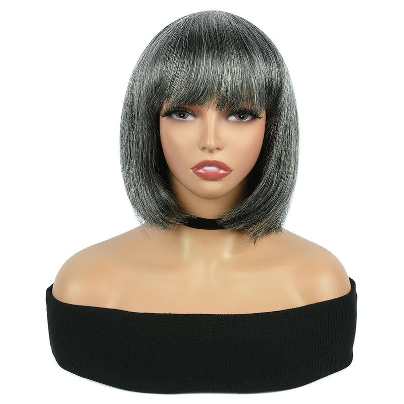 Salt & Pepper/Gray BOB Wigs, Short Human Hair, Full Machine Made Wigs for Women. Straight BOB with Bangs.