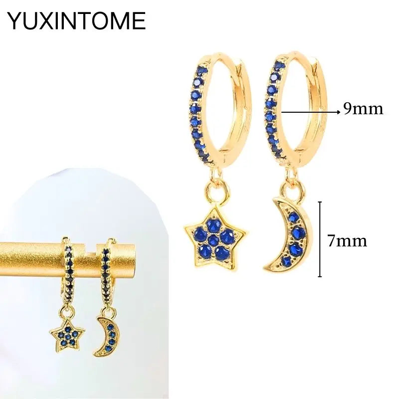 925 Silver Needle Star Hoop Earrings for Women - Five-pointed Star and Moon Pendant Huggie Earrings