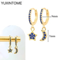 925 Silver Needle Star Hoop Earrings for Women - Five-pointed Star and Moon Pendant Huggie Earrings