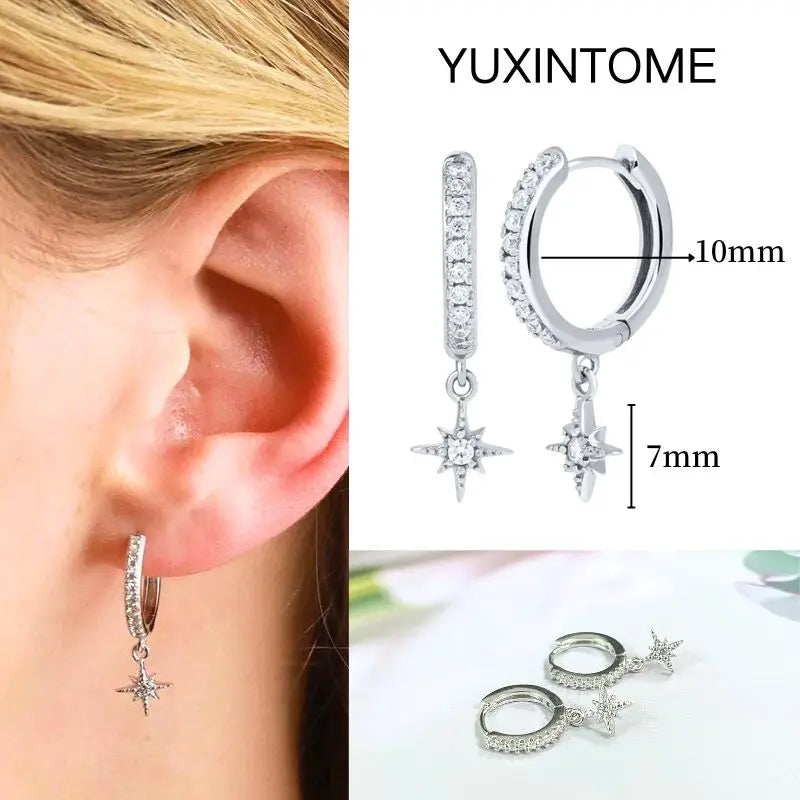 925 Silver Needle Star Hoop Earrings for Women - Five-pointed Star and Moon Pendant Huggie Earrings