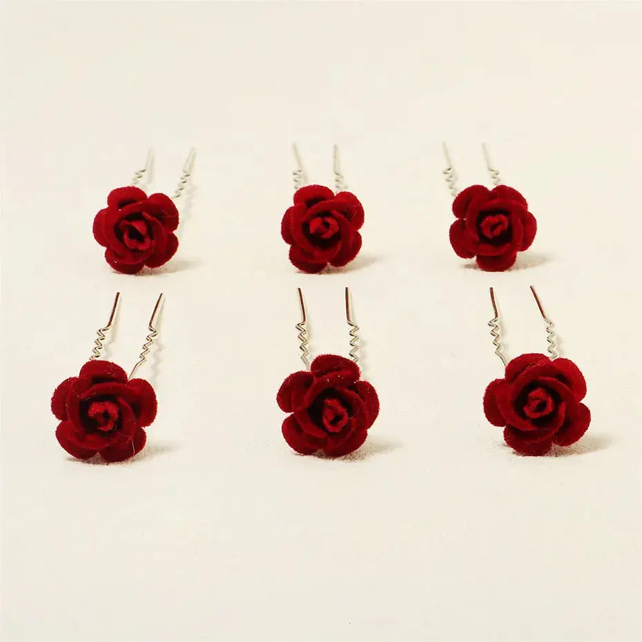 6 pcs/lot Red Rose Wedding/Bridal Hairpins, Flower Hair Accessories for Women, Bridal Headpiece, Floral Hair Pins-hair accessories-SWEET T 52