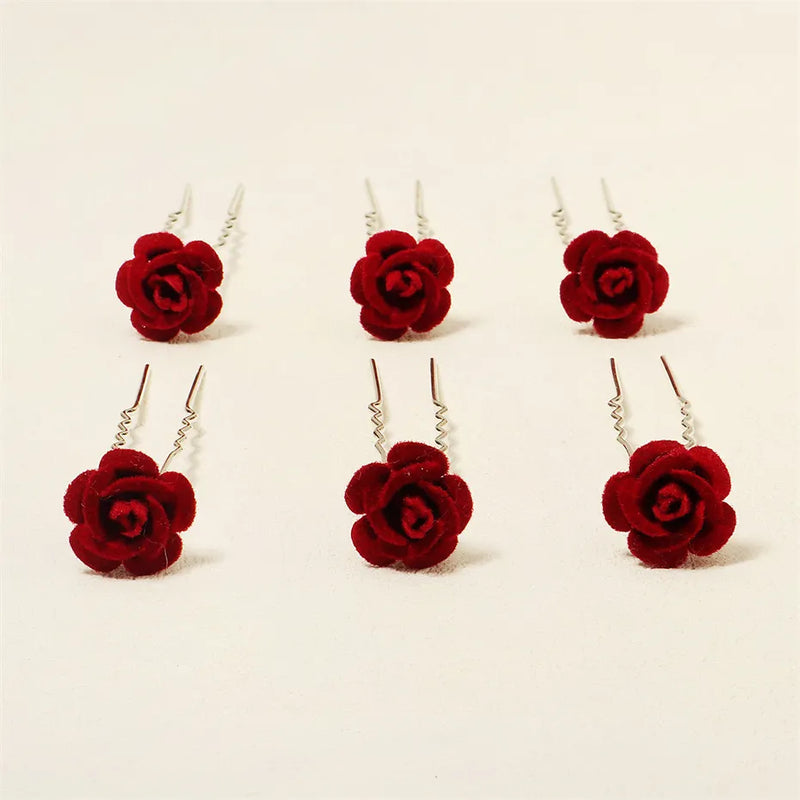 6 pcs/lot Red Rose Wedding/Bridal Hairpins, Flower Hair Accessories for Women, Bridal Headpiece, Floral Hair Pins