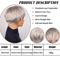 Silvery grey Human Hair Wigs With Bangs - Sliver Grey Straight Pixie Cut Wig for Women