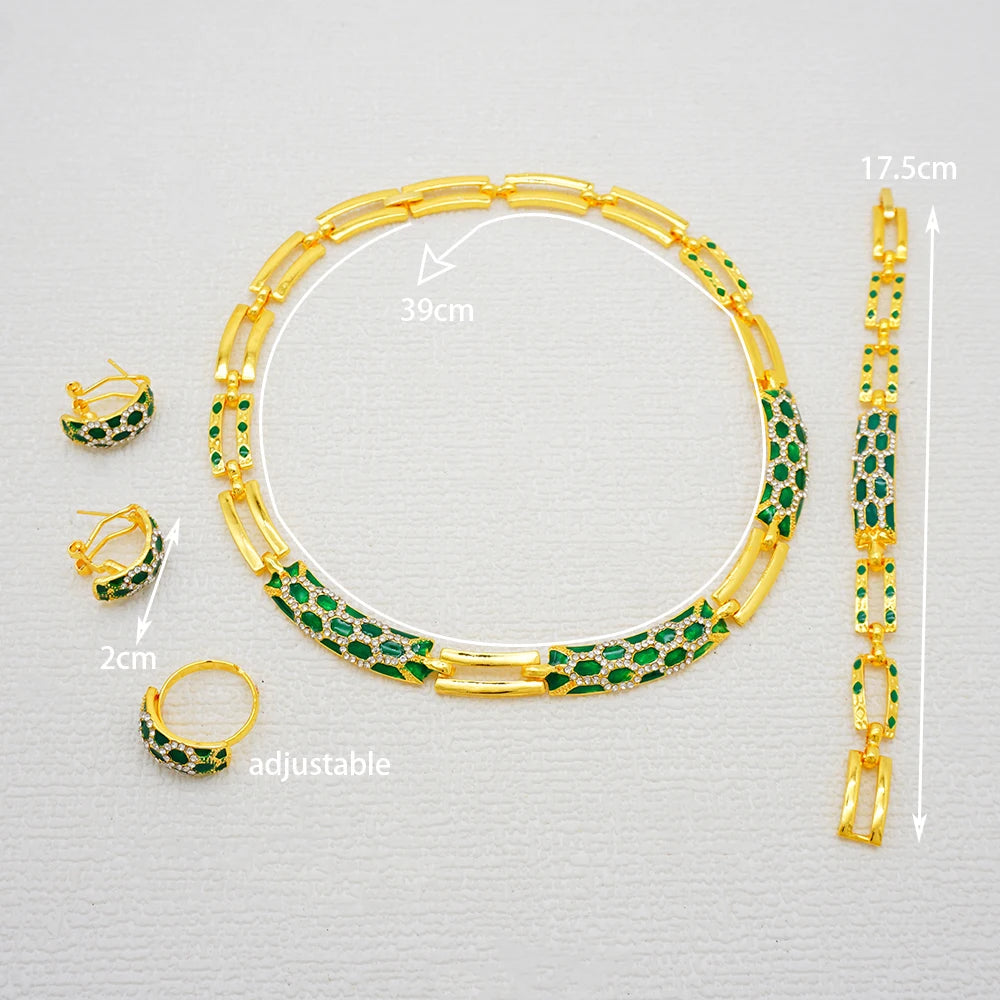 Dubai Gold Color Classics Jewelry Sets for Women - Charming Crystal Green Necklace/Earrings - Nigerian Wedding, African Costume Jewelry