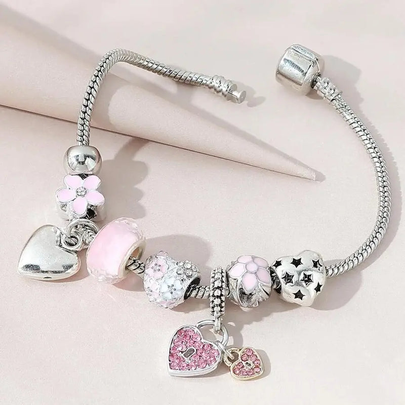 Love/Heart/Flower/Glass Pendant Charm Bracelet. Classic Pink White Crystal Stone, Adjustable, Silver/Gold Color