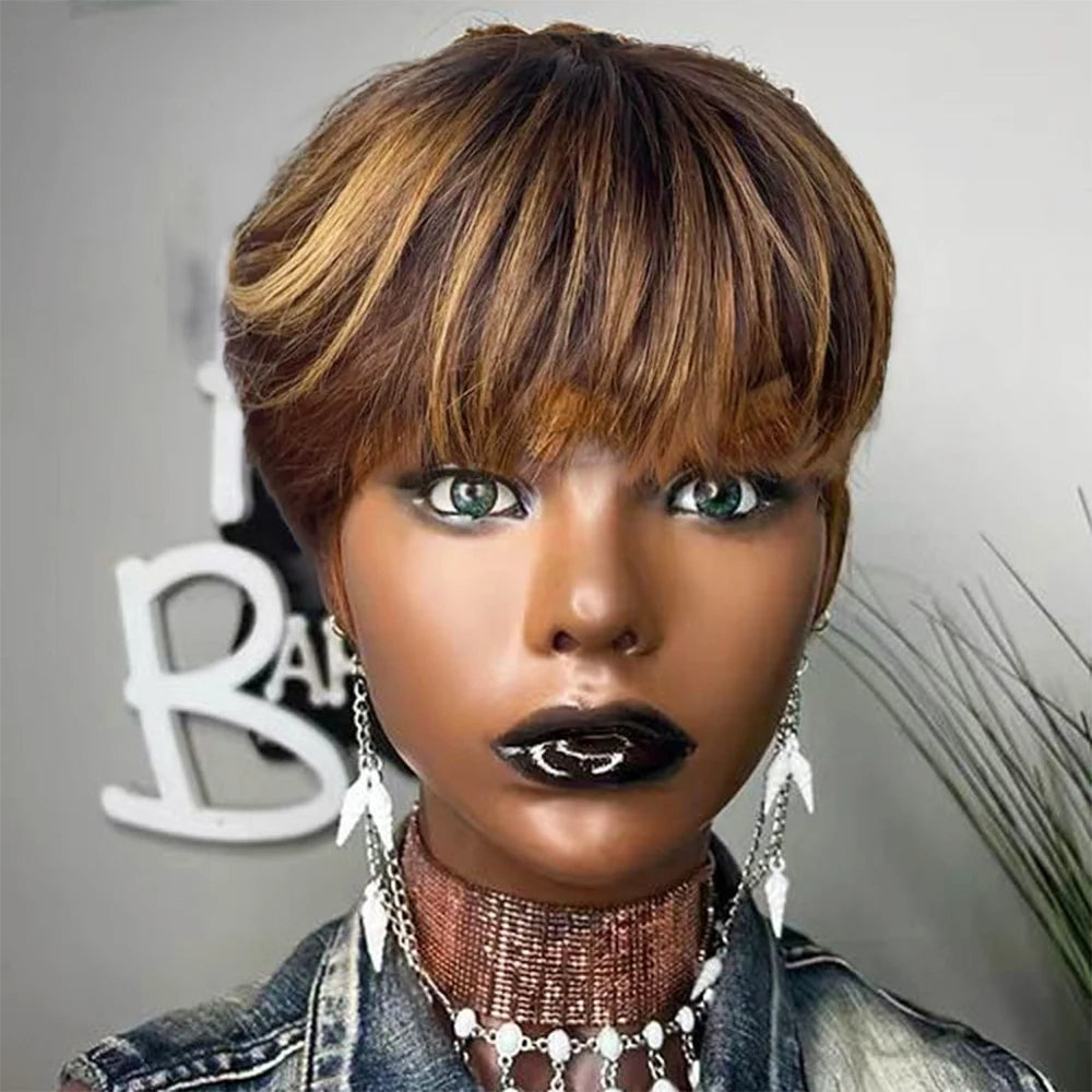 Pixie Cut Wig - Brazilian Remy Human Hair with Blonde Highlights. Full Machine Made Wig, Layered & Straight