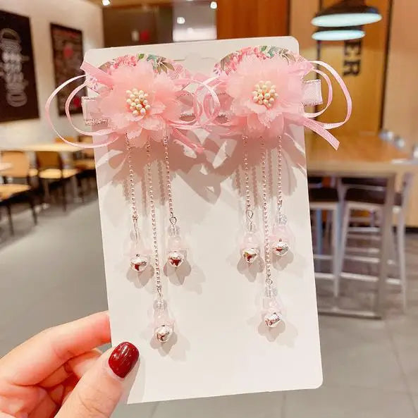 2pcs/set Chinese Style Pink Blue Flower Pearls, Long Tassel Hairpins, Clips, Headpieces for Kids.-hair accessories-SWEET T 52