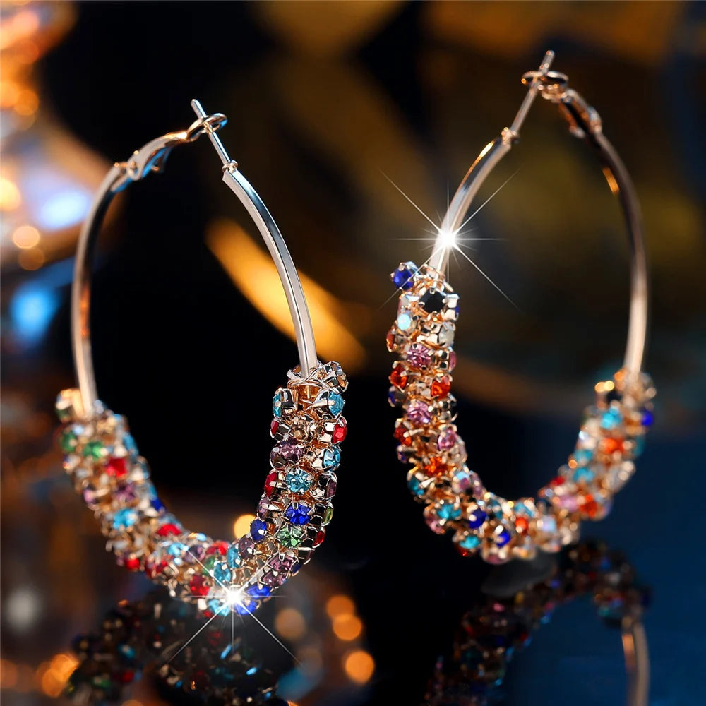 Charming Small Rainbow Round Zircon Stone Hoop Earrings - Fashion Gold Color Wedding Jewelry for Women