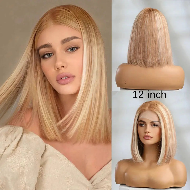 Human Hair 13x1 Lace Front Wig for Women & Girls, Shoulder Length Bob {Straight} with Highlights - Heat Resistant