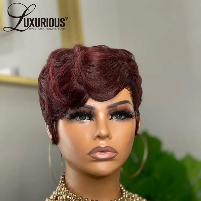 Ombre Brown, Pixie Cut, Human Hair Wigs with Bangs, Burgundy Highlights, Fully Machine Made, for Women & Girls-hair accessories-SWEET T 52