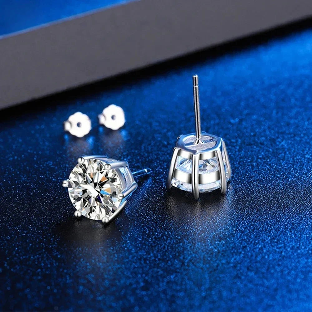 Moissanite Solitaire Stud Earrings, Marked 925 Sterling Silver