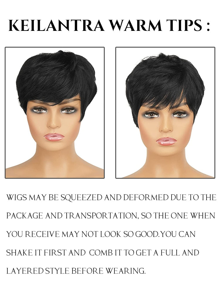 Short Human Hair Wigs, Pixie Cut, Straight Perruque Bresillienne for Women & Girls - Machine Made Wigs With Bangs, Glueless Wig