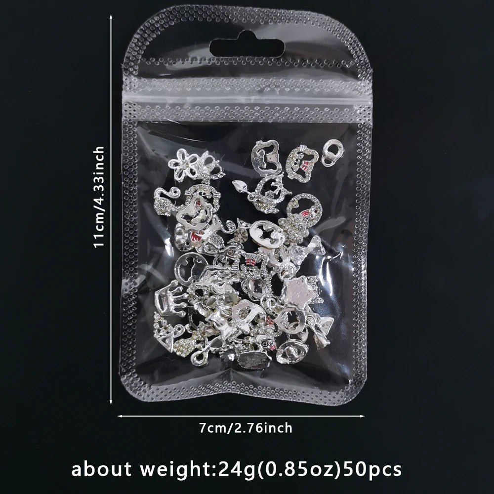 50Pcs 3D Silver Bowknot/Crown Metal Nail Charms With Tassel Pendant - Butterfly Nail Art Decorations, Mixed Shiny Manicure Supplies