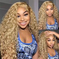 200% Density #27 Honey Blonde Wigs - 13x6 Human Hair Lace Frontal Wigs, 13x4 Lace Front Human Hair Wigs - Deep Curly Wigs