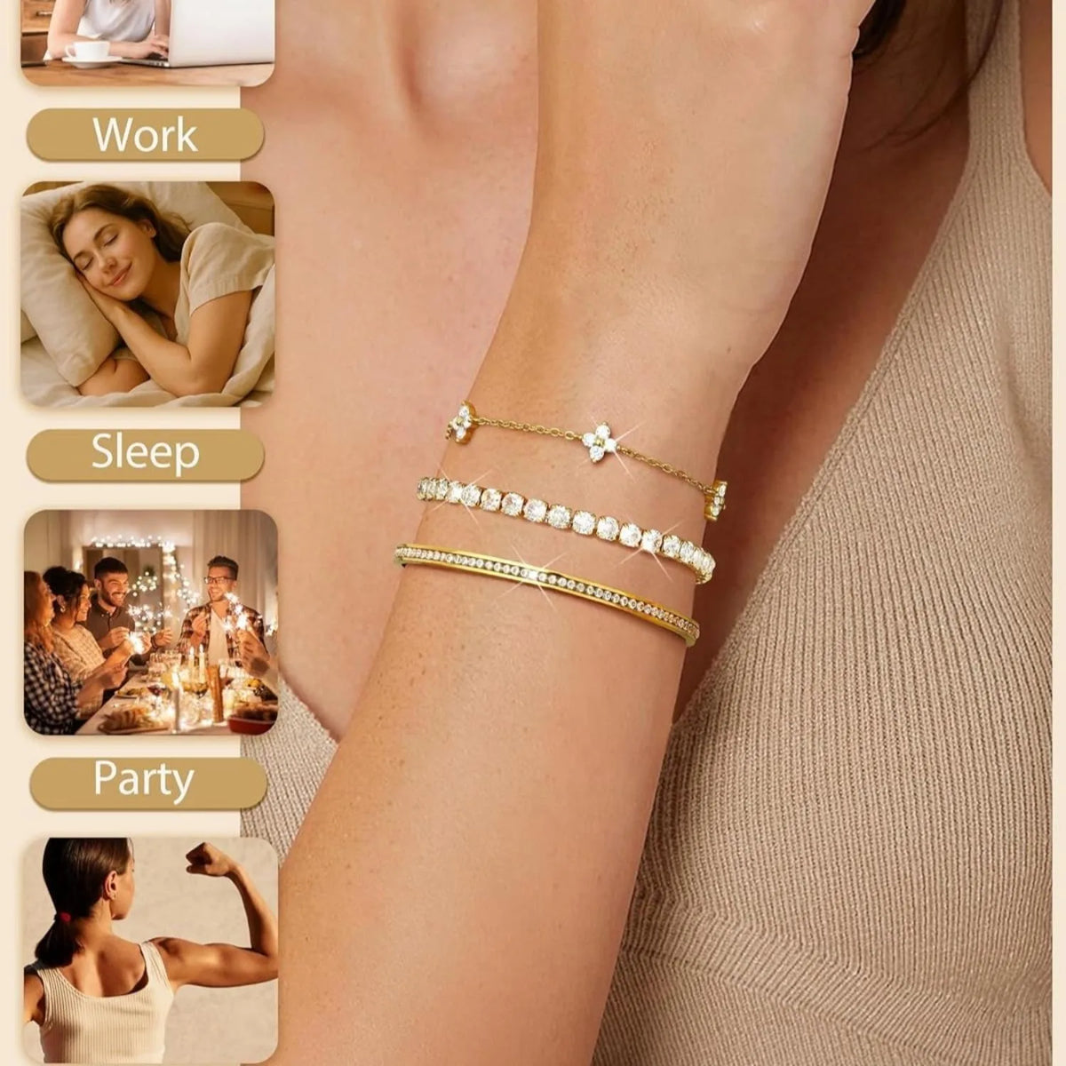 3PC Stackable Bracelet Set for Women - Adjustable 14K Gold-Plated & Silver Stainless Steel Tennis Bracelets
