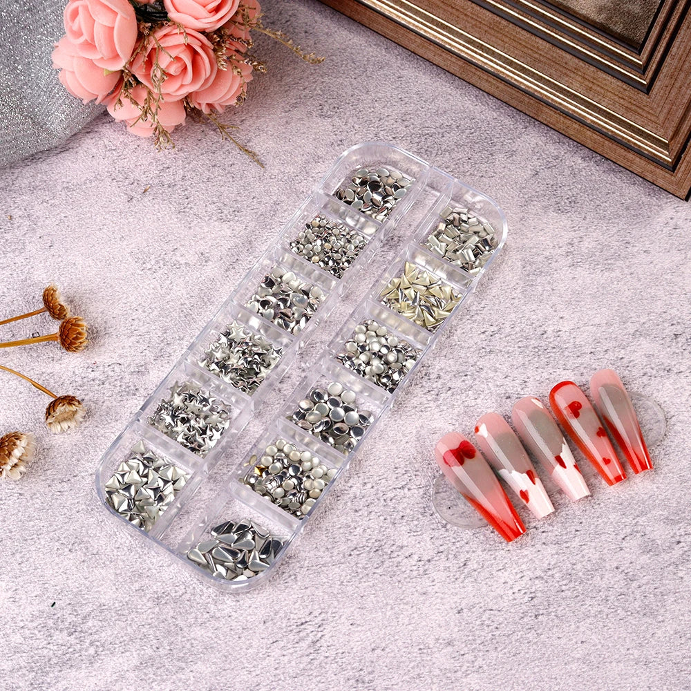 12Gird Box Multi Size AB/Colorful Non-Hotfix Rhinestones Flatback Crystal Diamond Gems 3D Glitter Nail Art Luxurious Decorations SWEET T 52