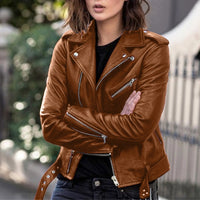 Women's Belted Faux Leather Moto Jacket, S to 3XL