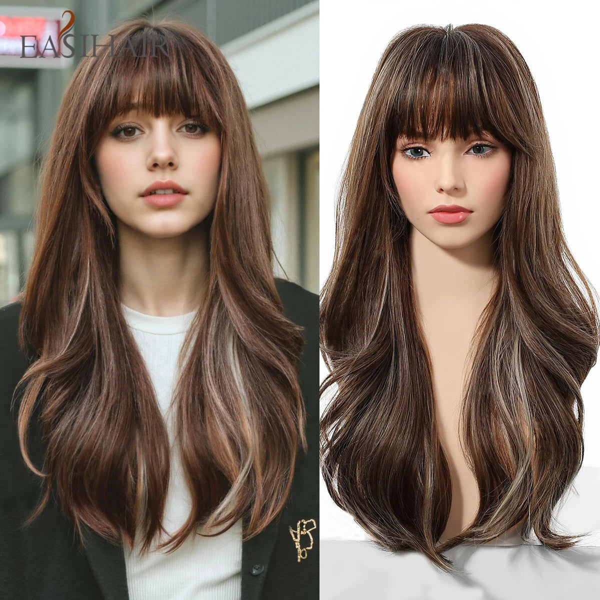 EASIHAIR Light Orange Synthetic Wigs Long Wavy Ombre Natural Hair Wigs with Bangs for Women Cosplay Lolita Wig Heat Resistant SWEET T 52