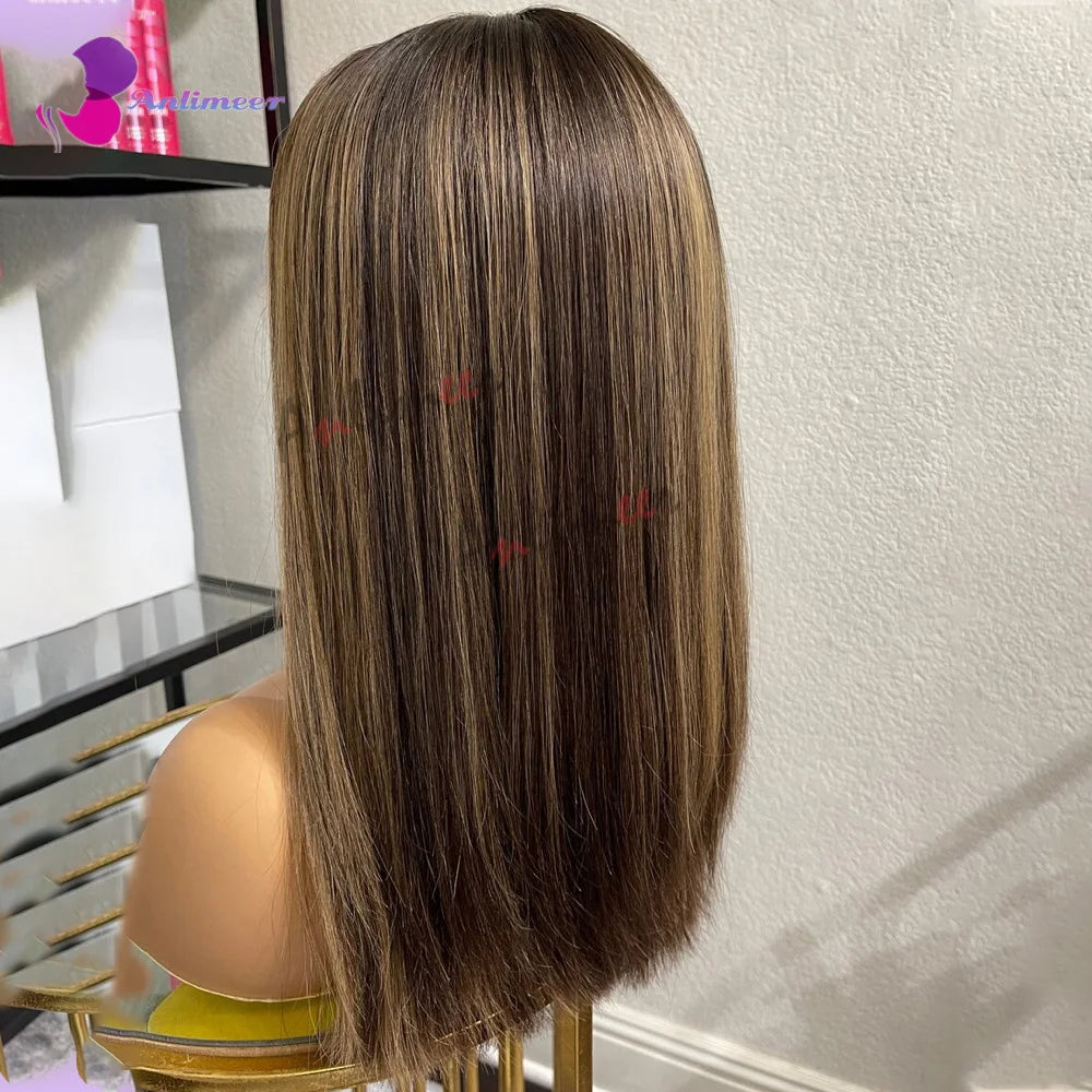 Highlight Brown Silk Base Wig Human Hair Glueless Human Hair Wigs With Brown Roots 200 Density Lace Front Wigs Short Bob Wigs Sweet T 52