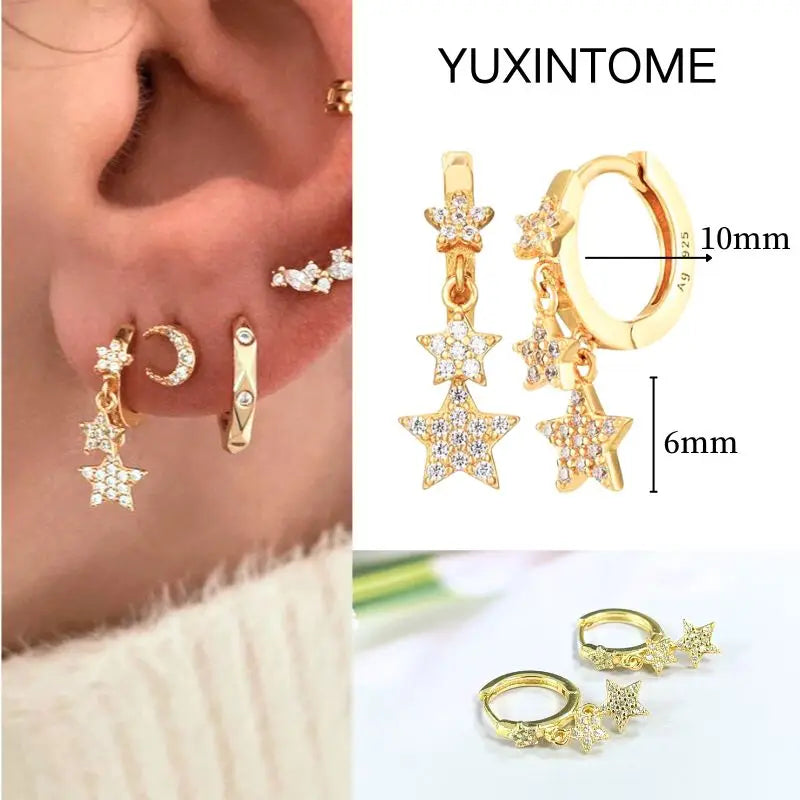 925 Silver Needle Star Hoop Earrings for Women - Five-pointed Star and Moon Pendant Huggie Earrings
