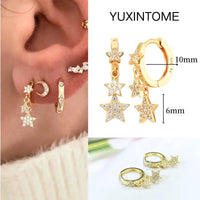 925 Silver Needle Star Hoop Earrings for Women - Five-pointed Star and Moon Pendant Huggie Earrings
