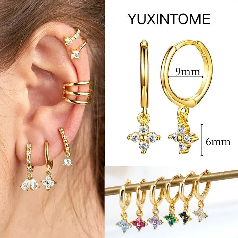 925 Silver Needle Star Hoop Earrings for Women - Five-pointed Star and Moon Pendant Huggie Earrings