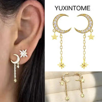 925 Silver Needle Star Hoop Earrings for Women - Five-pointed Star and Moon Pendant Huggie Earrings