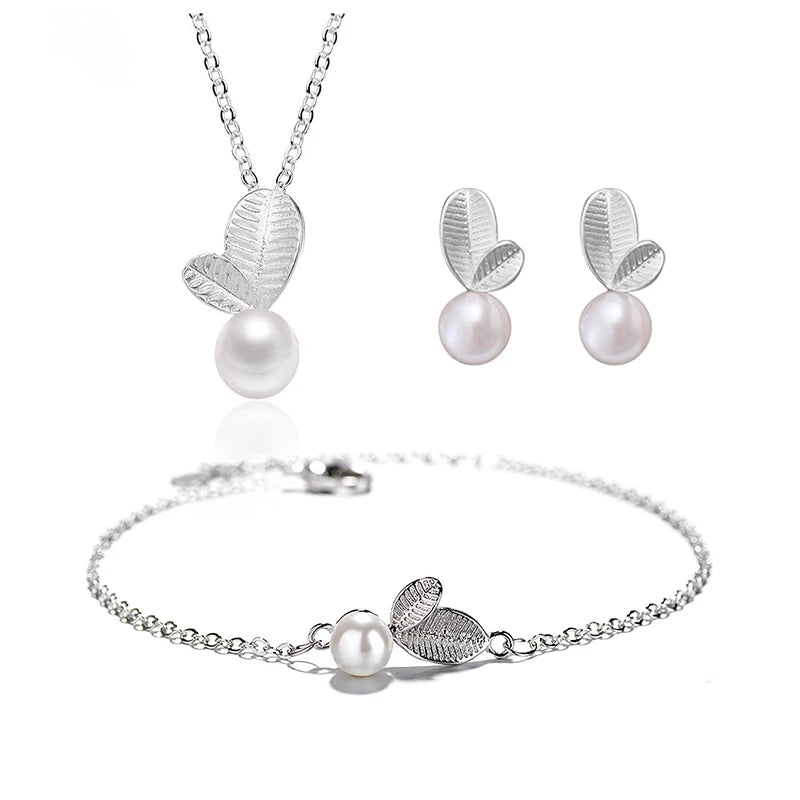Silver Color Sweet Bud Leaf Simulated Pearl Necklace+Earrings+Bracelet for Women - 3 Pcs Jewelry Sets