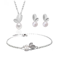 Silver Color Sweet Bud Leaf Simulated Pearl Necklace+Earrings+Bracelet for Women - 3 Pcs Jewelry Sets