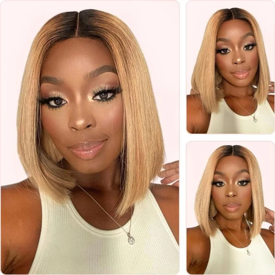 Ombre Straight Bob 13x6X2 Lace Front Wigs. Human Hair Short Bob Wigs, Ash Blonde Remy Hair, Pre-Plucked, Glueless Wig.