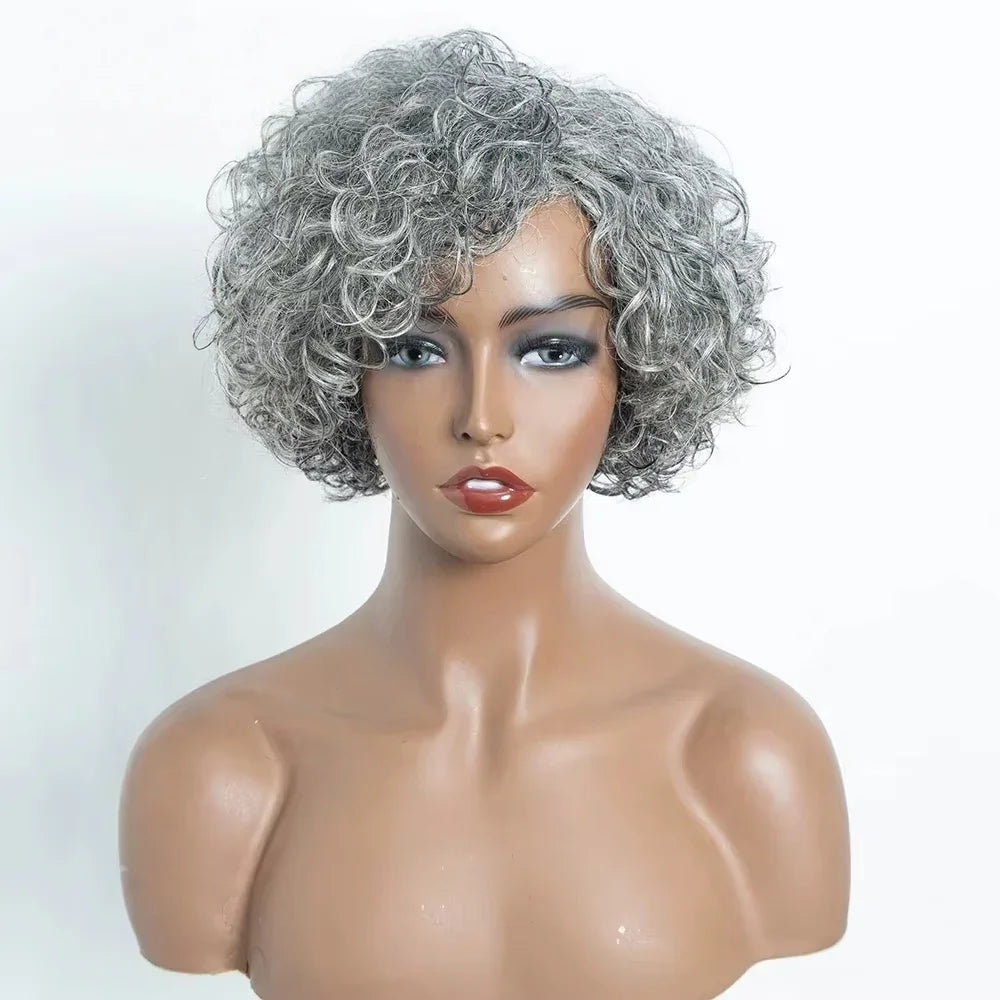 Brazilian Curly Short Grey Wavy Bob Wigs - Natural Remy 100% Human Hair Wig s - Silver Gray Wigs for Women, Deep Wave Frontal Wigs
