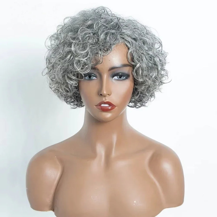 Brazilian Curly Short Grey Wavy Bob Wigs - Natural Remy 100% Human Hair Wig s - Silver Gray Wigs for Women, Deep Wave Frontal Wigs