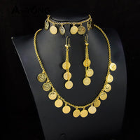 Luxury Arabic Gold Color Coins Necklace Set 21k Gold Plated Turkish Coin Chains Islamic Muslim Women Wedding Party Jewelry Sweet T 52