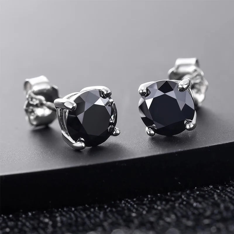 Black Moissanite Stud Earrings, Marked 925 Sterling Silver