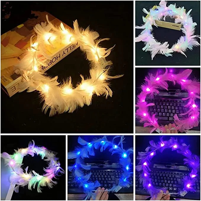 LED Light-Up Angel Headband - Feather Wreath/Crown Headband, Luminous Headdress For Women Girls