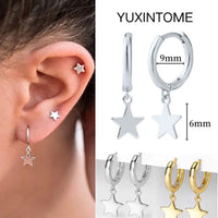 925 Silver Needle Star Hoop Earrings for Women - Five-pointed Star and Moon Pendant Huggie Earrings
