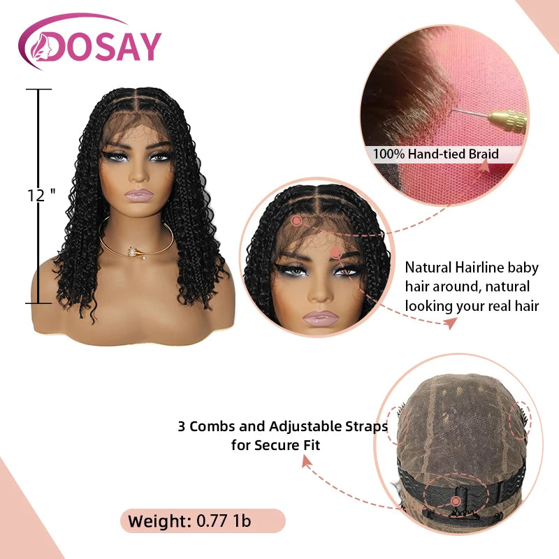 Synthetic Curly Wigs for Women, Short Bob, 360 Full Lace Braided Wigs, 12 Inch Boho Knotless Braided Wigs, Pre-Plucked Baby Hair