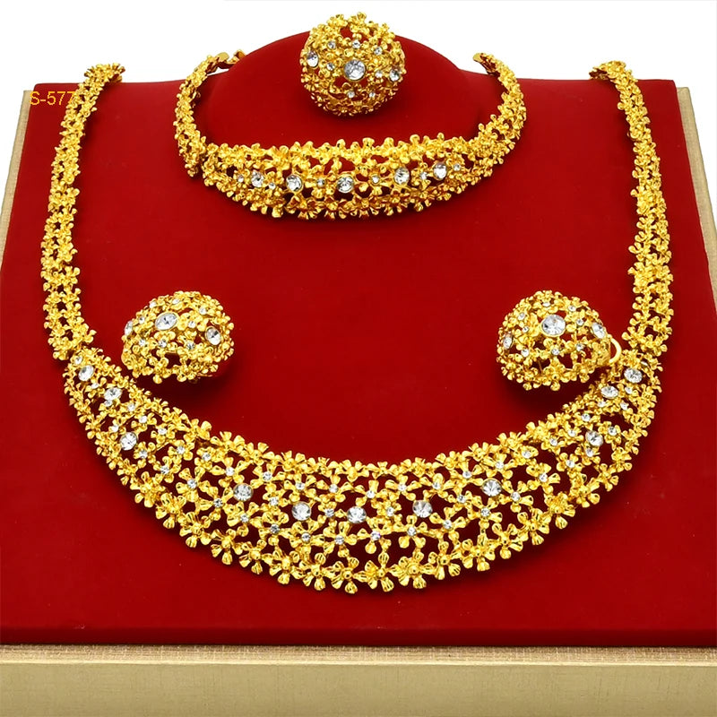 Arabic Dubai Jewelry Sets for Women & Girls - Earrings, Necklace, Bracelet & Ring. African Gold Color Necklace Sets
