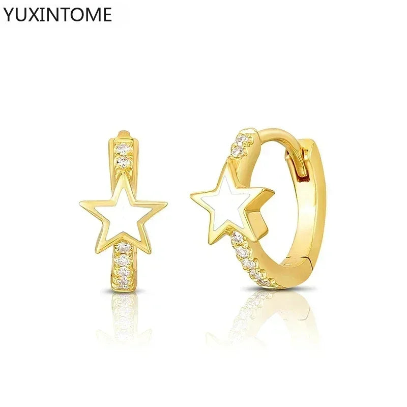 925 Silver Needle Star Hoop Earrings for Women - Five-pointed Star and Moon Pendant Huggie Earrings