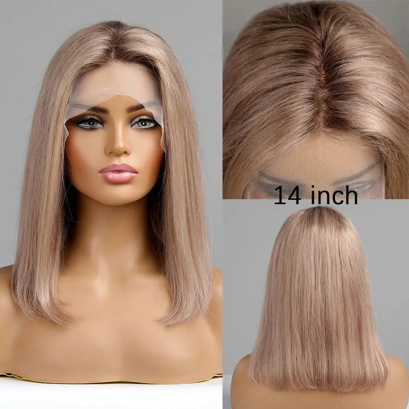 Human Hair 13x1 Lace Front Wig for Women & Girls, Shoulder Length Bob {Straight} with Highlights - Heat Resistant