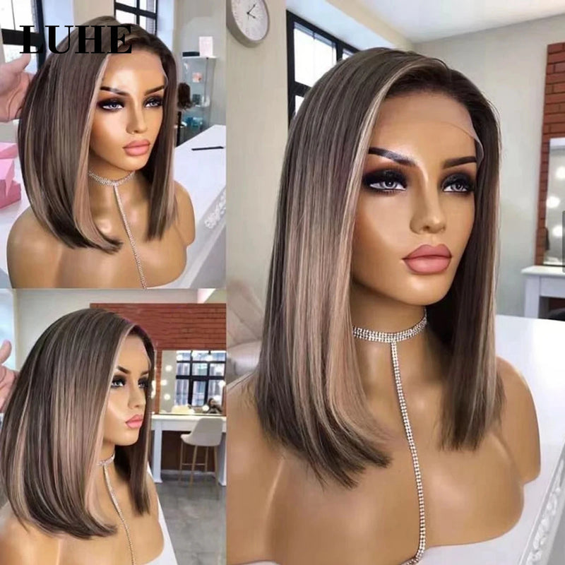 Ombre Ash Brown Highlights 13x3 Synthetic Lace Frontal Wigs for Women, Short Straight/Wavy Bob Lace Wigs