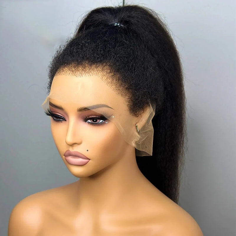 Soft Yaki, 180 Density, 26“ Long Kinky Straight Synthetic 13X4 Lace Frontal Wig For Women , Glueless, Preplucked Baby Hair