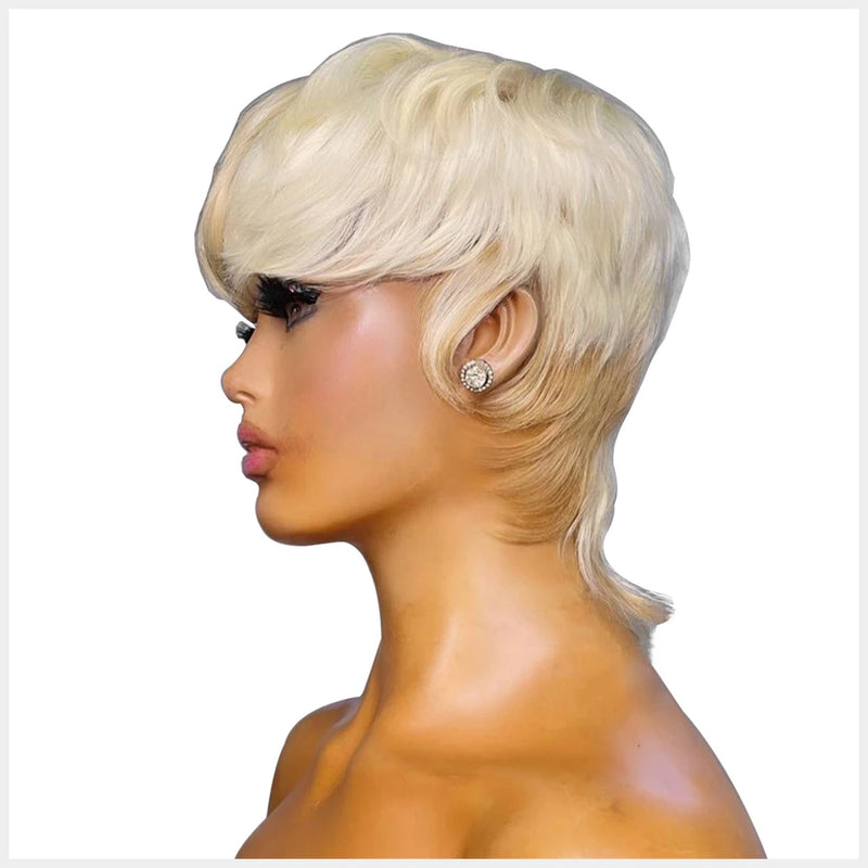 613 Blonde Human Hair Mullet Wig, Brazilian Remy Straight Hair Wig with Bangs for Women & Girls