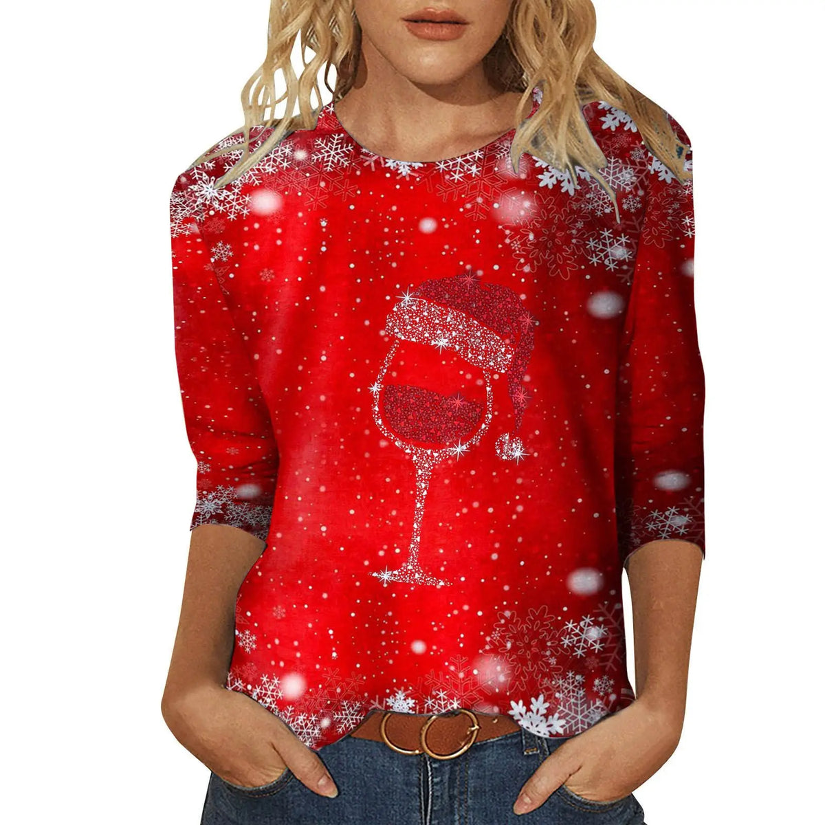 Christmas Limited Edition Women's 3D Red Snowflake Print Round Neck Long Sleeve T-shirt Fashion Casual Long Sleeve Top